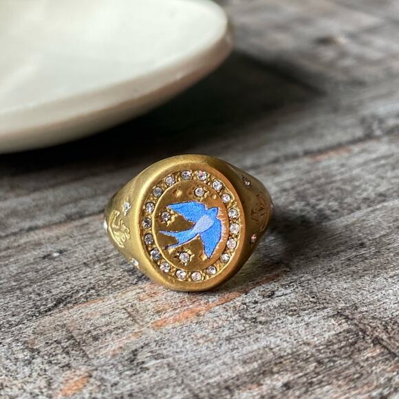 NEW Gold Blue Bird Rhinestone Ring - Picture 2 of 9